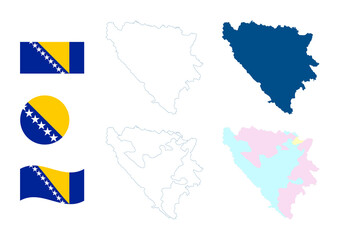 Obraz premium Bosnia and Herzegovina map. Detailed blue outline and silhouette. Administrative divisions and federal entities. Country flag. Set of vector maps. All isolated on white background. Template for design