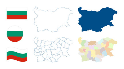 Obraz premium Bulgaria map. Detailed blue outline and silhouette. Administrative divisions and provinces. Country flag. Set of vector maps. All isolated on white background. Template for design and infographics.