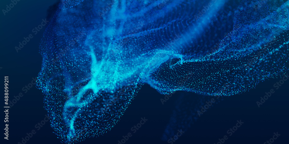 Poster blue particles wave background. abstract dynamic mesh. big data technology. abstract particular flow