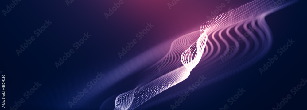 Poster abstract colorful digital particles wave with bokeh and light background, 3d render wave line dot ba