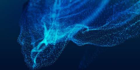 Blue particles wave background. Abstract dynamic mesh. Big data technology. Abstract particular...