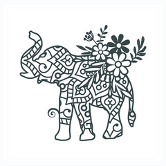 Fototapeta na wymiar Elephant Mandala with Flower, Paper Cut & Print, Vector