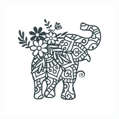 Elephant Mandala with Flower, Paper Cut & Print, Vector