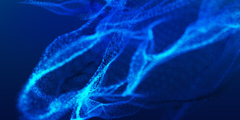 Blue particles wave background. Abstract dynamic mesh. Big data technology. Abstract particular flow dot background.