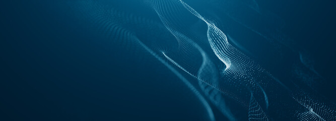 Blue particles wave background. Abstract dynamic mesh. Big data technology. Abstract particular flow dot background.