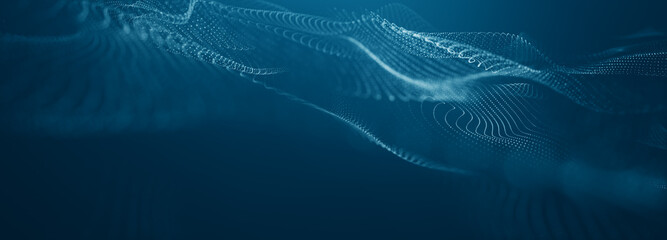 Blue particles wave background. Abstract dynamic mesh. Big data technology. Abstract particular flow dot background.