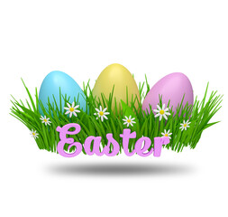 3d element for design. Easter eggs in green grass with white flowers, isolated on white background.