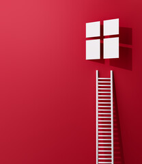 Concept template. Stairway to the window on a red background. 3d render.