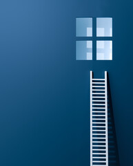 Concept template. Stairway to the window on a blue  background. 3d render.