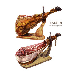 361_jamon_Spanish jamon, traditional jerky, pork, ham sketch, wooden chopping stand, colorful, vintage style, farm meat product, Spanish jamon, Iberico, Serrano, ham, set - obrazy, fototapety, plakaty