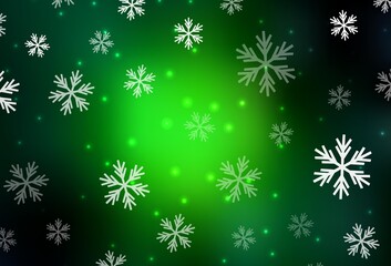 Dark Green vector background with beautiful snowflakes, stars.