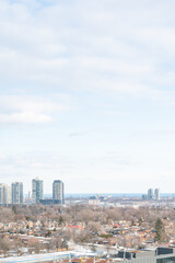 Fototapeta premium views of downtown Toronto from mimco with snow and trees blue skies lake view and CN tower in view 