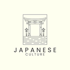 torii gate japanese emblem minimalist line art logo icon illustration template vector design