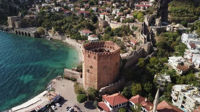 Awesome aerial view of the Kizil Kule (Red Tower), Alanya