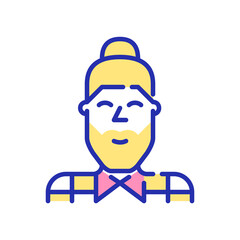 Good looking young hipster man with a bun and a beard wearing a shirt. Pixel perfect, editable stroke fun color icon