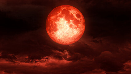 Creepy blood moon,red moon,The bloody full moon on the clouds.Horror moon 3D rendering - Powered by Adobe