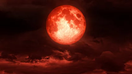 Papier Peint photo Pleine lune Creepy blood moon,red moon,The bloody full moon on the clouds.Horror moon 3D rendering