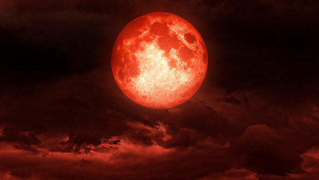 Creepy blood moon,red moon,The bloody full moon on the clouds.Horror moon 3D rendering