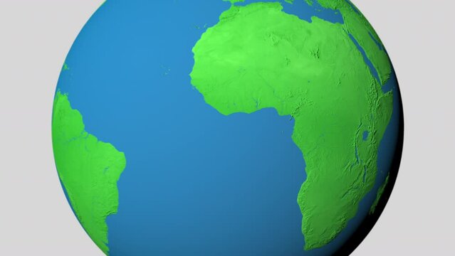 Seamless looping animation of the earth zooming in to the 3d map of Equatorial Guinea with the capital and the biggest cites in 4K resolution