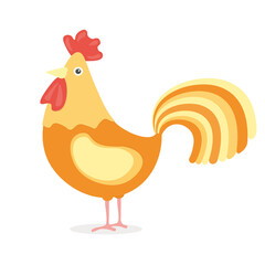 Rooster. Vector illustration in cartoon style. Children's room decoration, print design for kids clothing. Greeting card design for girl, for boy. Drawn rooster. White background. Red, yelow, orange.