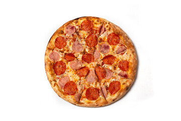 Italian pizza with melted mozzarella cheese, sausage slices, bacon on a thick crust