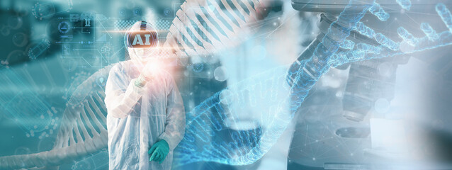 Concept metaverse virtual universe digital technology.medical science. doctor or scientist use glasses of virtual reality or VR, Augmented Reality or AR simulation. DNA biology genome sample