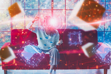 Woman use virtual reality VR goggle headset.using simulation 3D, AR, VR, Innovation learning artificial intelligence or AI.Metaverse futuristic innovation technology concept.cyberspace at smart home