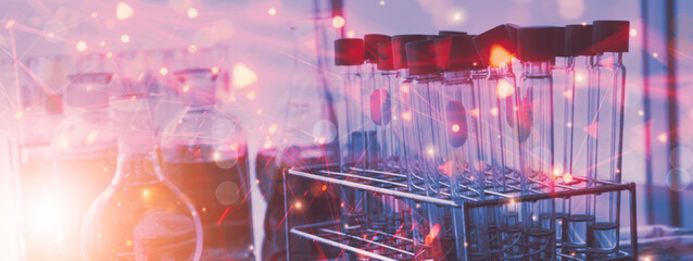 Futuristic science. medical laboratory research. chemistry glassware background. glowing line structure interface screen. concept healthcare,medical,science,technology,biology development.  web banner