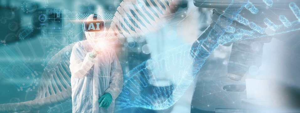 Concept metaverse virtual universe digital technology.medical science. doctor or scientist use glasses of virtual reality or VR, Augmented Reality or AR simulation. DNA biology genome sample