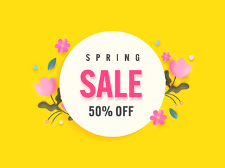 Fototapeta premium Spring Sale Poster Design With 50% Discount Offer, Floral On White And Yellow Background.