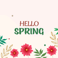 Hello Spring Font With Flowers, Leaves Stem Decorated On Pastel Pink Background.