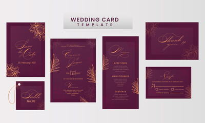 Wedding Card Suite Template Layout Decorated With Floral In Purple And Orange Color.