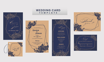 Wedding Card Suite Template Decorated With Rose Flowers In Brown And Blue Color.