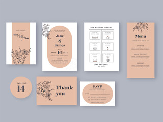 Wedding Card Suite Template Layout In White And Peach Color.