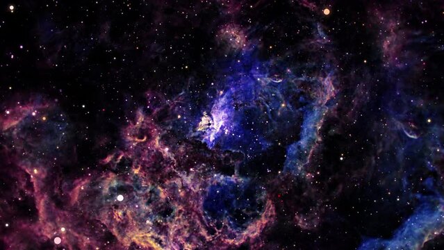 Seamless loop space travel through grunge dark blue cloud Nebula galaxy exploration through outer space towards glowing milky way galaxy. 4K looping animation of flying through glowing dark cloud
