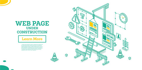 Web Page Under Construction. Vector Illustration. Isometric Outline Concept.