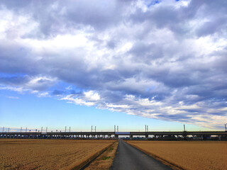 陸橋と農道と青い雲