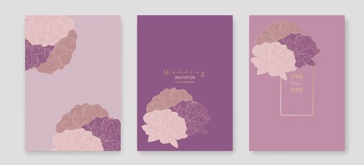 Line Art Vector Cards Set for Wedding Invitation, Prints, Social Media. Luxury Floral Trendy Templates Minimalist Style. Set of Flower Cards in Line Art Style. Hand Drawn Botanical Template Collection