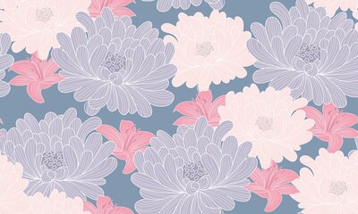 Floral Seamless Pattern. Flowers Line Drawing Luxury Pattern. Floral Vector Background with Line Art Flowers for Print, Wall Decor, Invitation. Modern Trendy Botanical Print Design. 