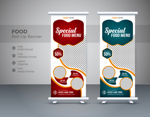 Modern food rollup template design with two color, food roll up banner design. Corporate roll up design for Restaurant. Vertical, roll-up template, banner stand, Editable template illustration