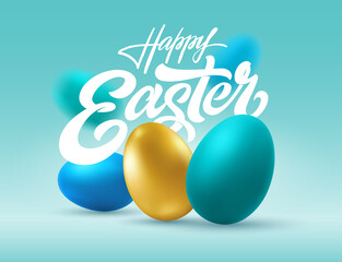 HAPPY EASTER typography with 3D painted egg on isolated background. Vector template with lettering, calligraphy for greeting card. Illustration of voluminous colored decorated eggs, congratulations.