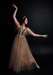 Fototapeta na wymiar Full length portrait of pretty female model with red hair wearing glamorous fantasy tulle gown and crown. Posing with a moody dark background.
