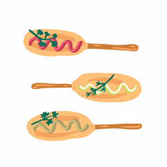 Food pattern with fried corndogs and greenery in flat style. Perfect for T-shirt, poster, logo, menu and print. Hand drawn vector illustration for decor and design.