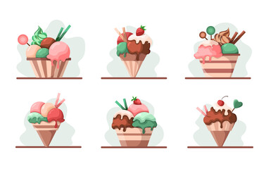 Colorful ice cream. Summer delicious dessert. Strawberry, chocolate ice cream in cups and cones. Illustration of food in cartoon style.