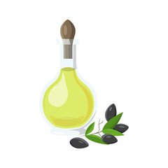 Olive oil, black olives. Illustration of food in cartoon style.