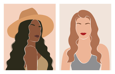 Illustration of a woman in a hat and a woman with long hair. Trendy feminine illustrations, minimal style
