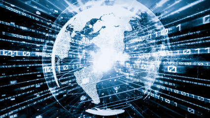 Futuristic global network and tacit digital data transfer 3D graphic . Concept of smart digital transformation and technology disruption that changes global trends in new information era .