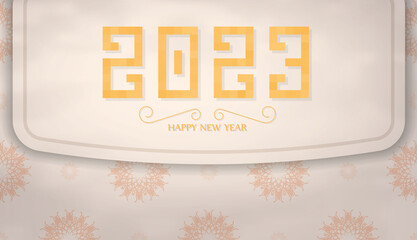 2023 Happy New Year Beige banner with monogram ornaments. New Year theme. Vector.