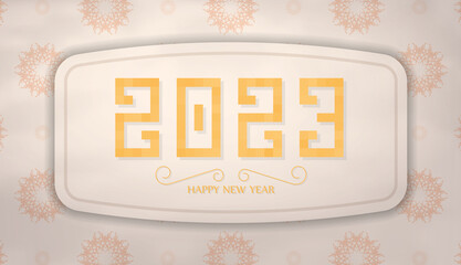 2023 Beige banner with monogram ornaments. Print-ready template. Vector.