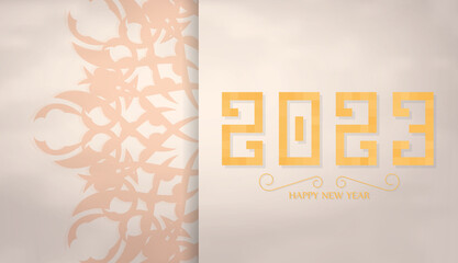 Beige New Year 2023 Postcard with monogram ornaments. Print-ready template. Vector.